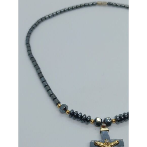 Hematite Gold Tone Cross Pendant 18" Beaded Necklace - Picture 4 of 6